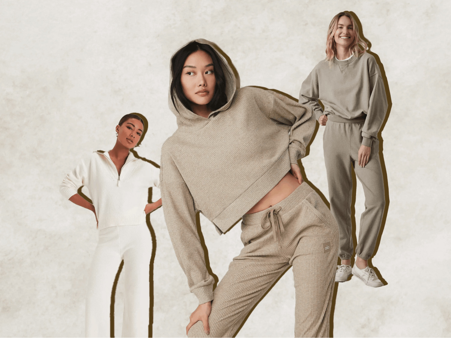 3 women wearing outfits featuring jogger pants