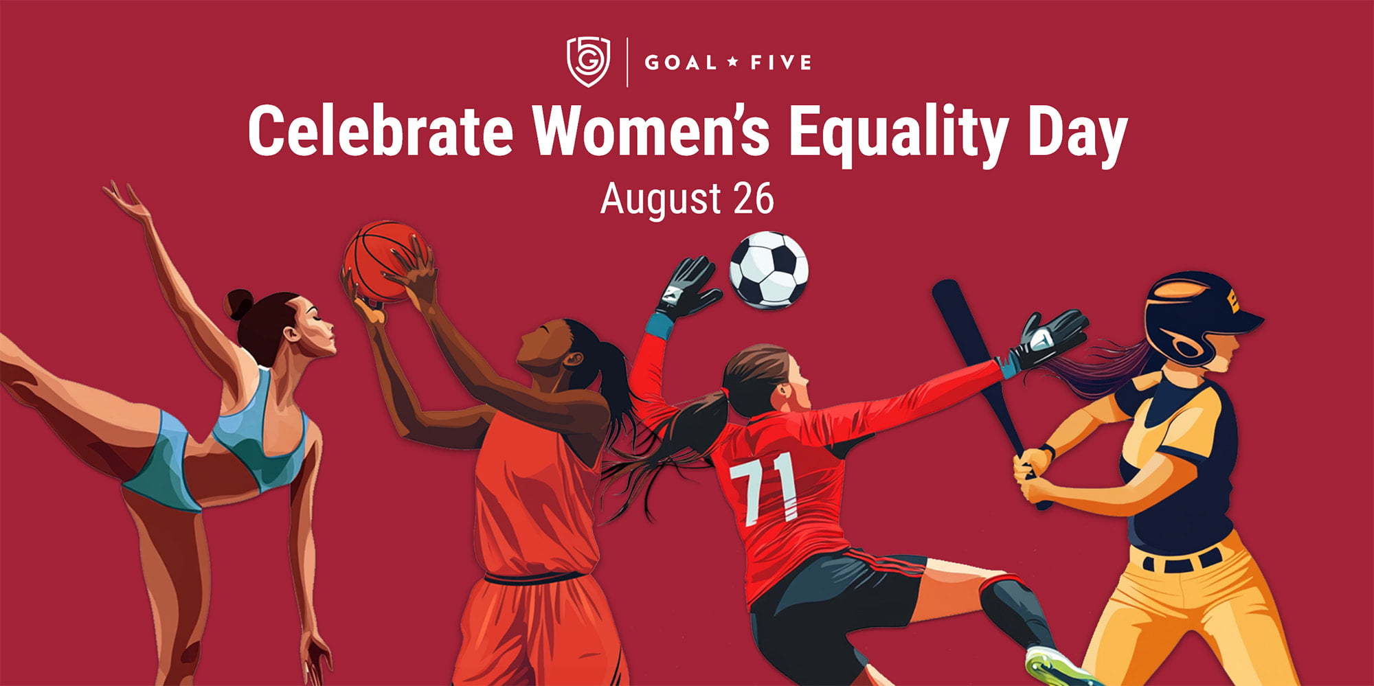 A drawing depicting women playing sports.  Gymnastics, basketball, soccer, and softball athletes are displayed.