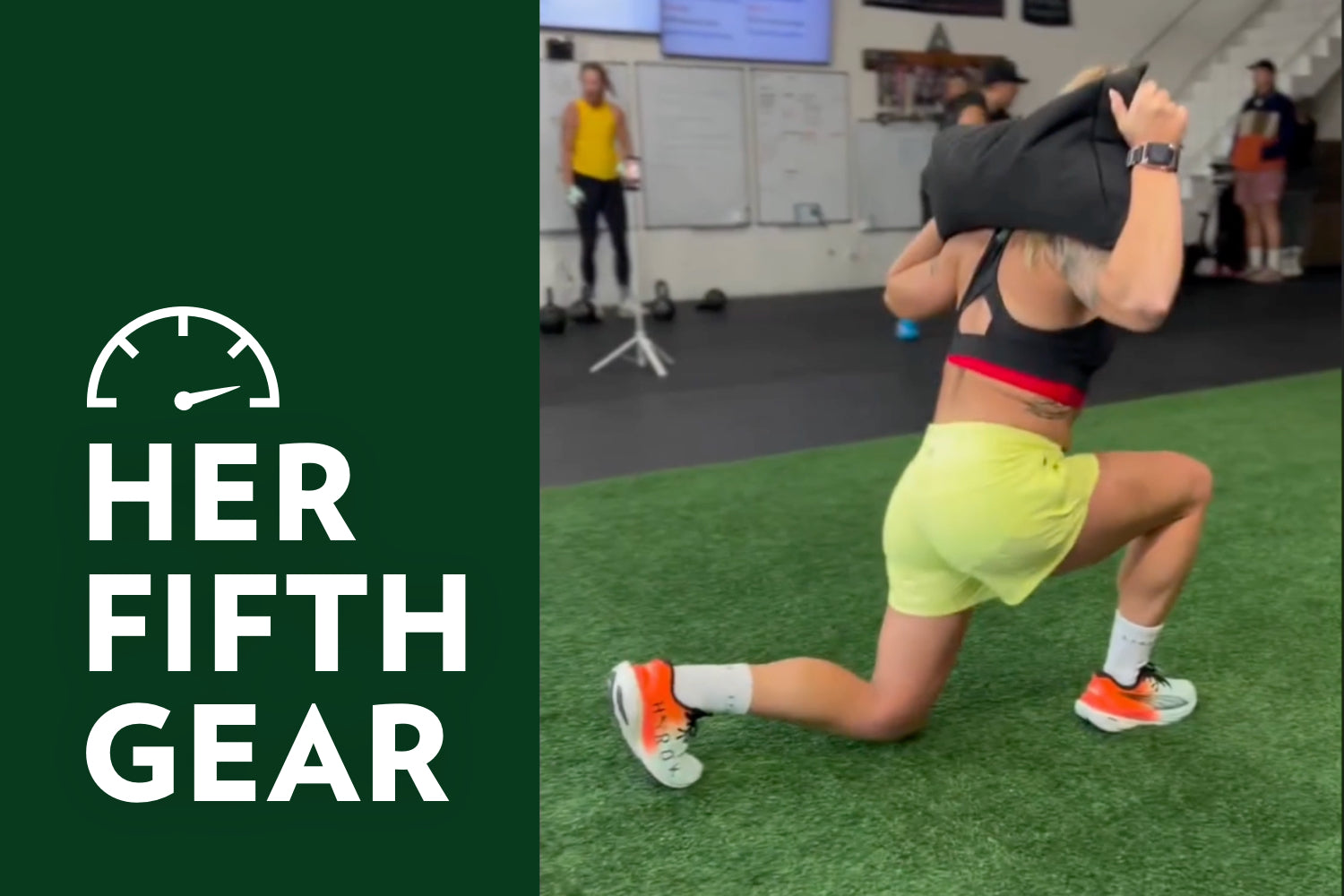 Regina Stone doing lunges in her gym.  The 'Her Fifth Gear' logo is displayed to the side.