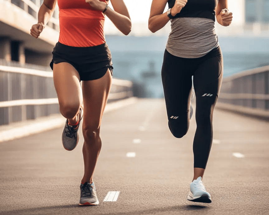 2 women running, one wearing shorts and one wearing joggers