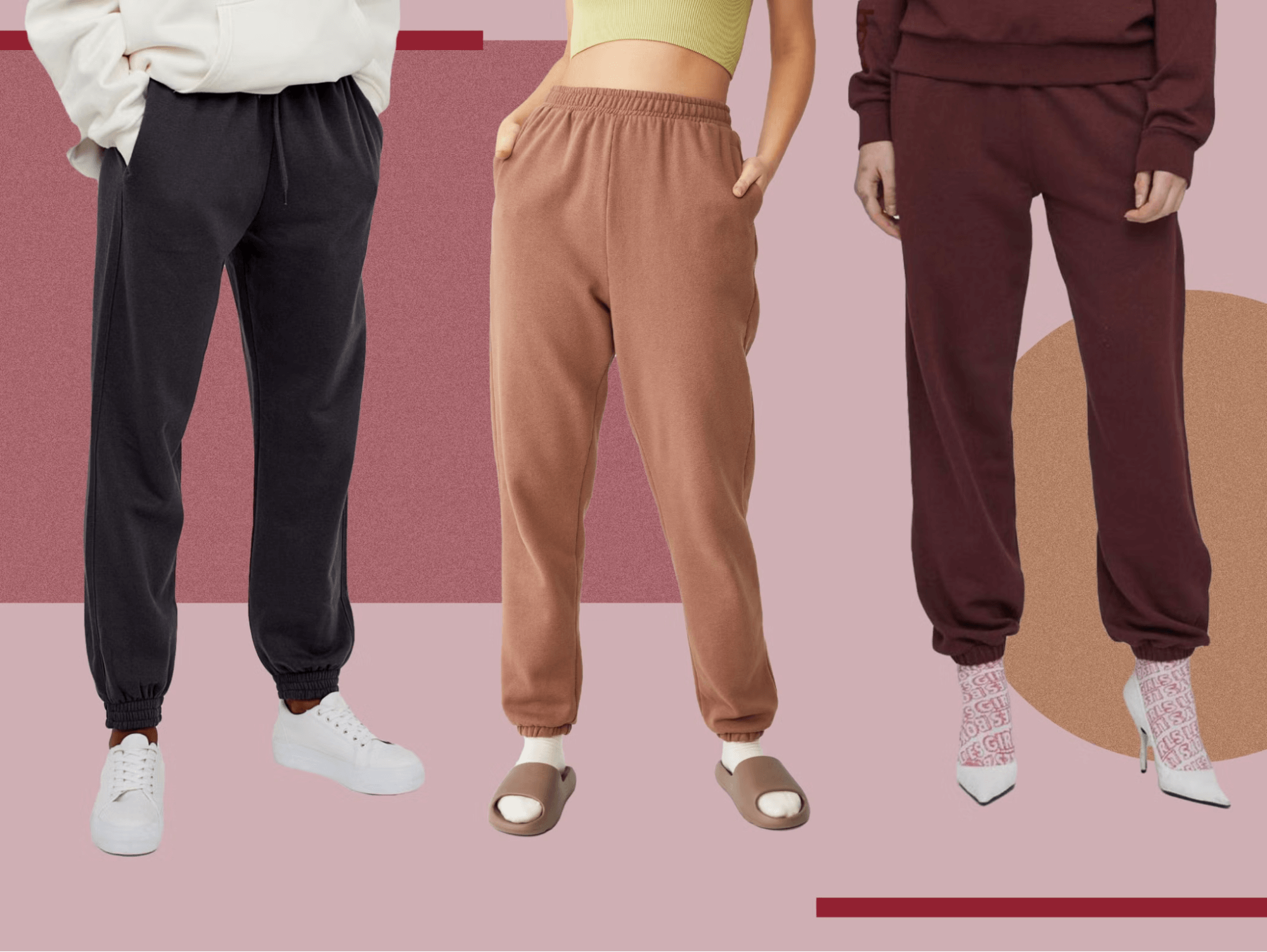 3 women wearing different color jogger pants