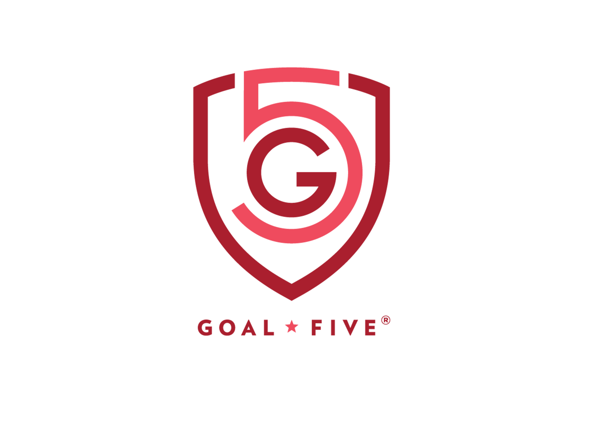 A red and pink shield logo with a large stylized G and the number 5 above it. Below the shield, the words GOAL ★ FIVE are written in red, all in uppercase letters.