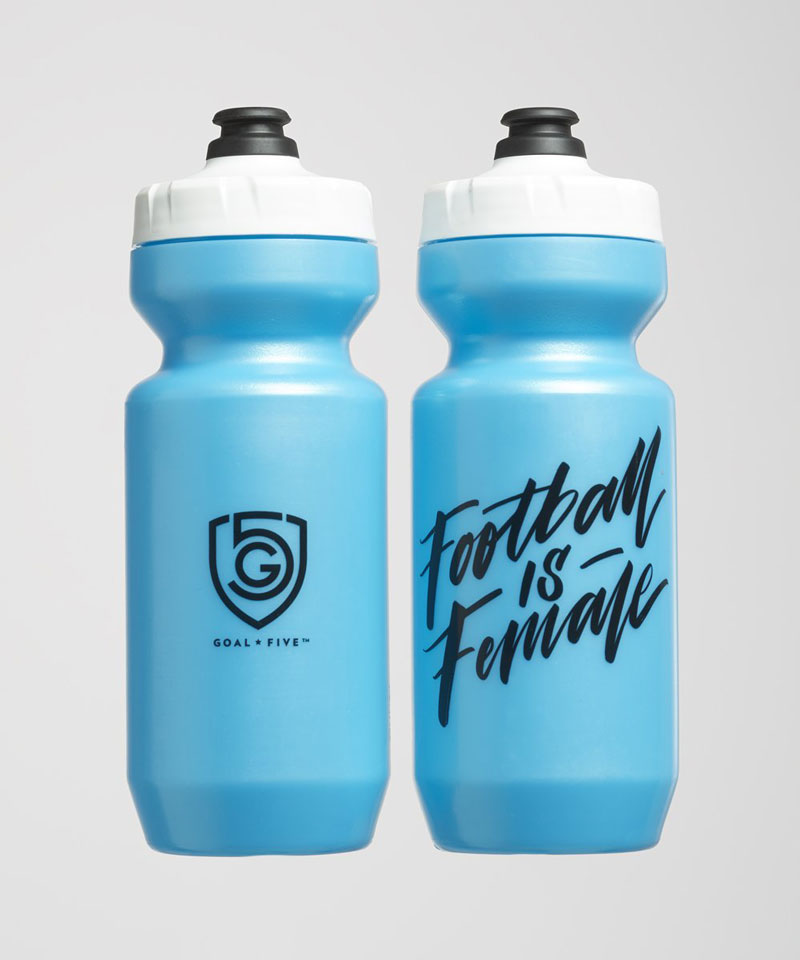 G5 Purist 22oz Water Bottle in Light Blue says 'Football is Female.'